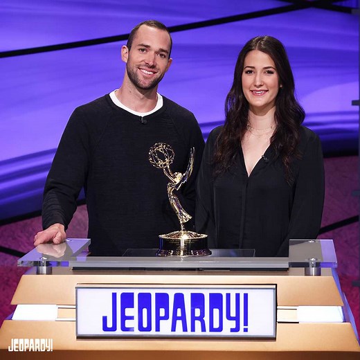 Alex Trebek’s kids, Emily and Matt, accepted the award for Outstanding Game Show Host on his behalf. Thank you, Daytime Emmys! | Jeopardy!