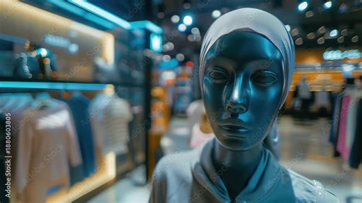 A mannequin wearing a hijab showcases clothing in a store window display.