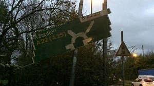This sign on the A22 has not been fixed since early 2016. Surrey County Council says they'll replace give way and stop signs urgently, but for the others they order the replacements in batches to help save money, which means it takes a bit longer. | BBC Surrey