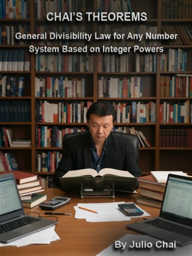 Greetings! The present book 'CHAI'S THEOREMS: General Divisibility Law for Any Number System Based on Integer Powers' highlights three specific rules that simplify divisibility by analyzing the relationship between a numerical base and its exponents. My primary discovery posits that for any base, the divisibility of a large number by a power is determined solely by its final digits. The narrative elevates these mathematical proofs to a form of rational faith, suggesting that numerical patterns r