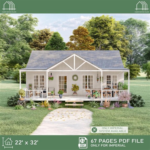 White Farmhouse Cabin Plans 22' X 32', Barndominium Plan, Tiny House Plans - Etsy