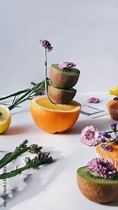kiwi, orange, stack, table setting, flowers, polaroids, arrangement, composition, still life, visual, multimedia, footage, creative, content, camera angle, tabletop, fruits, citrus, tropical, vibrant,