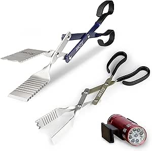 BBQ Croc 3-in-1 Barbecue Tool Pack - 15-inch & 18-inch with Light - Extra Light Tongs, Spatula and Grill Scraper (18 inch + 15 inch with Flashlight)