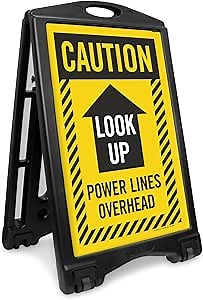 SmartSign "Caution Look Up Power Lines Overhead" Foldable Black A-Frame Sidewalk Sign Kit, 36" x 24", Built-In-Wheels, Double-Sided Portable Plastic Sandwich Board, 2 Sign Panels, USA-Made