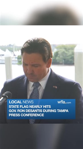 "Missed me": Florida Gov. Ron DeSantis was interrupted during his Tampa press conference when a state flag nearly fell on him, but he took it in stride. https://www.wfla.com/news/hillsborough-county/desantis-fdep-secretary-discuss-protecting-floridas-water-resources-in-tampa/ | WFLA News Channel 8