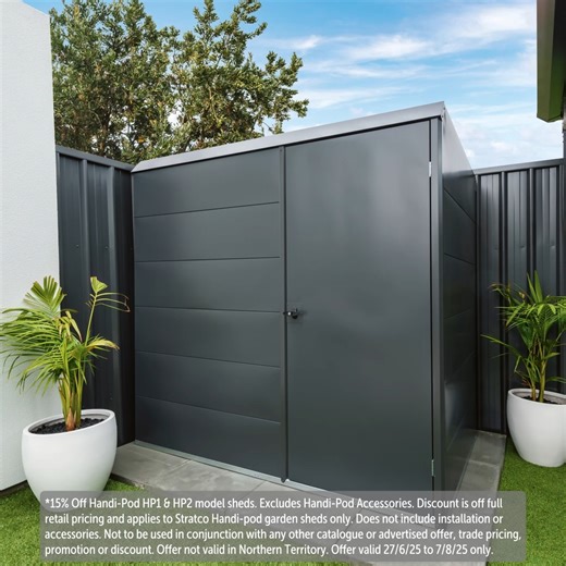 2.3K views | DON'T MISS OUT, LAST DAYS! ⏳15% OFF Stratco Handi-Pod Garden Sheds!* Why Handi-Pod is Australia's best: Double-skinned doors 藺Unlimited accessory options & stylish colours ️Watertight design with optional floor beam kit ✔️Integrated gutter & reverse-sloping roof Shop Now: bit.ly/handi-pod *T&Cs apply #Stratco #HowTo #OutdoorLiving #HomeImprovement #HandiPod #GardenShed #BackyardStorage #GardenShedSale.... | Stratco | Facebook