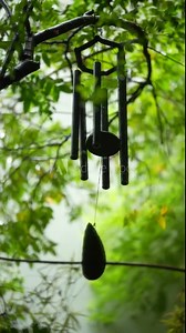 a wind chime hanging from a tree branch with a lush, green, and blurred background. The scene evokes tranquility, with natural light filtering through leaves, creating a soft, calming effect