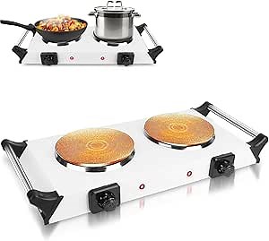 Hot Plate, 2000W Portable Electric Double Burner W/5 Level Temperature Control & Stay Cool Handles, Easy to Clean, Lightweight Cast Iron Electric Stove for Kitchen Camping Cooking, 110V