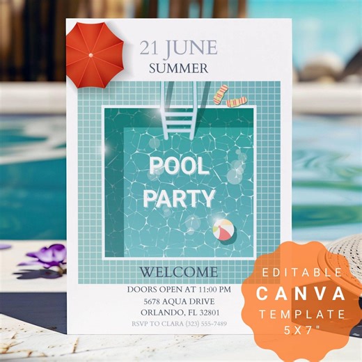 Pool Party Birthday Invitation, Editable Swim Party Invite, Kids/girls Pool Birthday Canva Template, Instant Download - Etsy