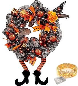 Halloween Wreaths for Front Door Outside, Halloween Reef with Led Lights, Outdoor Halloween Wreath, Light Up Halloween Wreath with Legs, Halloween Wreath Decorations, Witch Wreaths for Front Door