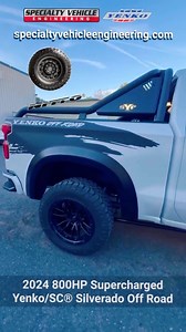2024 800HP Yenko/SC® Supercharged Silverado Off Road pickup truck. NOW AVAILABLE WITH 91 OR 93 OCTANE CALIBRATION! YENKO® badged Brembo 6-piston big front brake calipers in red (custom colors and rear brake calipers painted to match optional) 12-spoke wheels in black with painted rim edge in silver, black, or body color, sYc centercap graphics in silver. Nitto Off Road Performance tires offer a quiet and comfortable ride, while the deep aggressive tread pattern provides excellent off road perfor