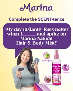 Ready to Get Sentence-sational? ✨ We’re kicking off a fun monthly activity: “Complete the Sentence”! This month’s prompt: “My day instantly feels better when I _______ and spritz on Marina Natural Hair & Body Mist!” Head to the comments and fill in the blank—tell us how you brighten your day before indulging in the refreshing touch of Marina. Want to make those feel-good moments even better? Grab your own #MarinaBodyMist today! #BestieSelfCare #BestieBeautyRoutine | Marina Bestie Philippines