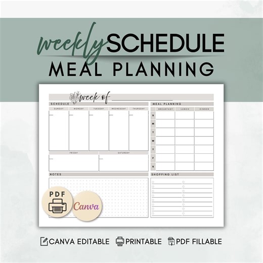 Weekly Schedule & Meal Planning Printable | Weekly Planner Template | PDF Fillable and Canva Editable | Meal Prep Organizer - Etsy