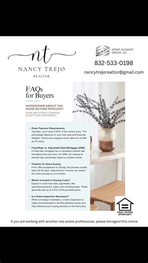 Buying a home can feel overwhelming, but it doesn't have to be! Here are some quick answers to the most common questions buyers ask-from down payments to closing costs. Thinking about starting your home search? I'm here to guide you every step of the way! Nancy Trejo Home Alliance Realty Group 832-533-0198 nancytrejorealtor@gmail.com