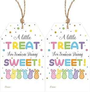 Easter Gift Tags with String, Easter Bunny Name Gift Tags 50 Pcs Happy Easter Tag Basket Name Tag for Gift Wrapping Treat Bags Easter Decoration (Treat Sweet)
