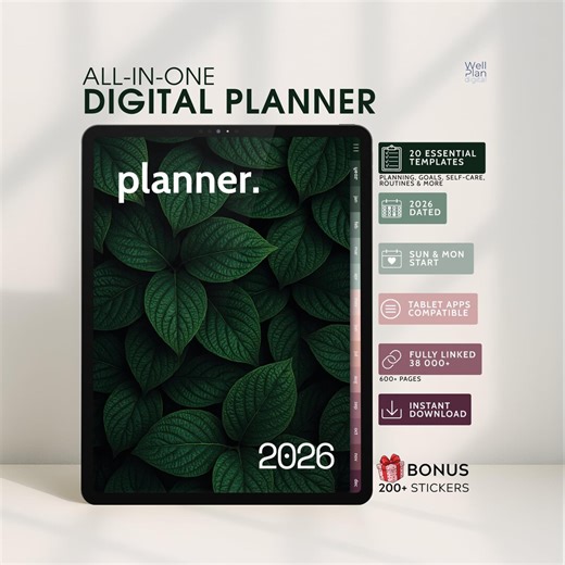 All-in-one Digital Planner 2026 | Dated Notebook for Ipad, Android, and Windows Tablets | 600  Page Journal | FREE Sticker Kit - Etsy