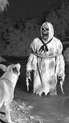 scary. Pocong ghost's head comes out of the river