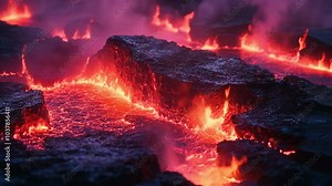 Lava flow bursting from a volcano in a fiery explosion with molten rocks and glowing embers, intense natural disaster animation