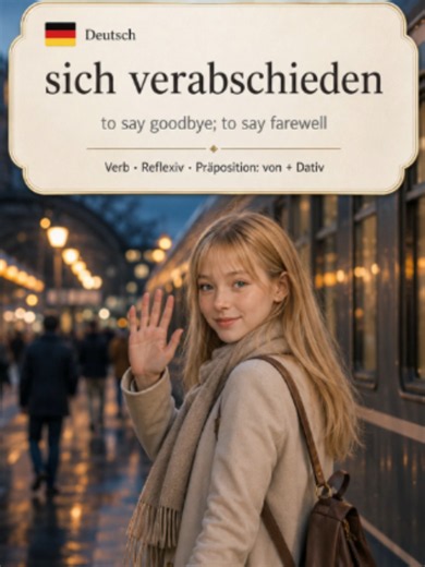 Lerne das reflexive Verb „sich verabschieden“ mit sechs natürlichen Beispielsätzen auf Deutsch. Entdecke die richtige Verwendung im Präsens, Perfekt und Imperativ und verbessere deinen deutschen Wortschatz und deine Grammatik auf dem Niveau A2–B1. #deutschlernen #learngerman #deutschkurs #germanlanguage #deutschegrammatik