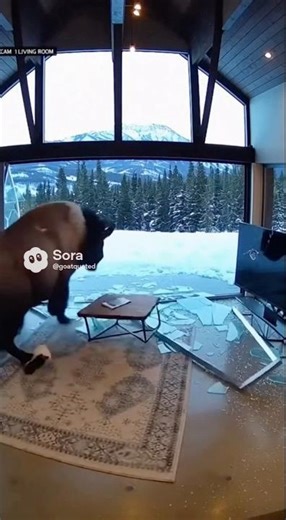 A wild bison just CRASHED #fyp #BisonAttack#WildlifeChaos#CaughtOnCamera#LuxuryHome#NatureGoesWild