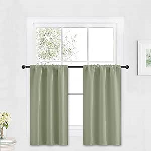RYB HOME Blackout Cafe Curtains 30 inch Length, Short Light UV Heat Blocking Energy Saving Privacy Curtain Tiers for Basement Bathroom Kitchen Window, Width 29 by Length 30, Sage Green, 2 Panels