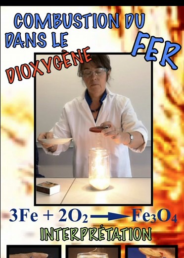 Combustion du fer dans le dioxygène. Expérience. Interprétation. Equation bilan de la transformation chimique. #tiktokacademie#experiment#LearnOnTikTok##science#chemistry Expérience de combustion du fer dans le dioxygène. Cours niveau 4ème (3ème). La combustion est amorcée par de la paille de fer pour amener suffisamment d'énergie d'activation. Interprétation de la transformation chimique. Mise en évidence du produit formé (l'oxyde de fer) et de la disparition du dioxygène avec le test de la bûc