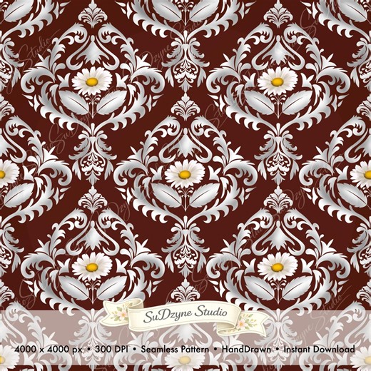 Vintage Damask Daisy Seamless Pattern, Floral Regal Repeatable Cottagecore Botanical Printable, Dark Ornate Intricate Symmetrical Design - Etsy