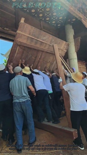 Group Teamwork Install Massive Antique Solid Wood Gate Manually