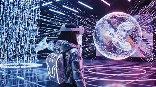A young teenage girl walks around a virtual planetarium wearing VR glasses. Immersive Museum