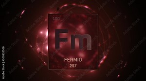 Fermium as Element 100 of the Periodic Table. Seamlessly looping 3D animation on red illuminated atom design background with orbiting electrons. Name, atomic weight, element number in Spanish language