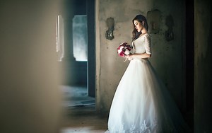 Elegant Bride in White Wedding Dress Holding Bouquet Rare Gallery wallpaper