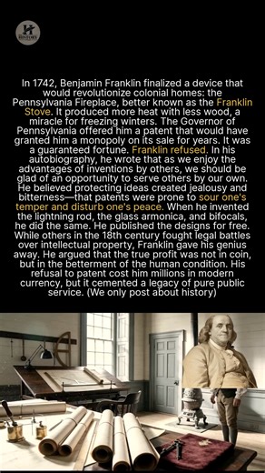 Genius is best shared with the world. #BenjaminFranklin #History #Inventions While Franklin declined to patent the Franklin Stove, local ironmongers had no such qualms. They made slight modifications to his original design to bypass ethical concerns and sold them for significant profit. Franklin never sued or complained; he simply noted that their changes made the stoves work arguably worse. His most personal invention was actually the glass armonica, an instrument that Mozart later composed mus