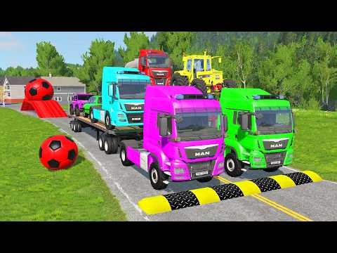 Triple Flatbed Trailer McQueen Transportation with Truck - Speedbumps vs Cars vs Train - BeamNG #