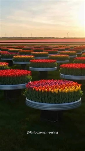 The Netherlands has taken flower farming to the next level by growing tulips on rotating trays that automatically follow the sun. These heliotropic systems ensure each plant receives optimal light throughout the day, maximizing growth and uniformity. • Trays slowly rotate to track sunlight from morning to evening. • Ensures even light exposure for every plant. • Improves flower quality, color consistency, and stem strength. • Reduces energy use compared to artificial lighting. • Controlled syste