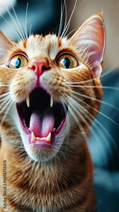 Ginger tabby cat meows and shows its teeth in a sequence of six captivating images, highlighting its playful nature