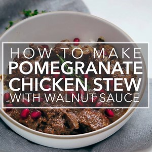 Pomegranate Chicken Stew with Walnut Sauce... Persian chicken stew made with chicken breasts or thighs, slowly cooked with ground toasted walnuts and pomegranate molasses. Full recipe here: https://www.simplyrecipes.com/recipes/fesenjan_persian_chicken_stew_with_walnut_and_pomegranate_sauce/ | Simply Recipes