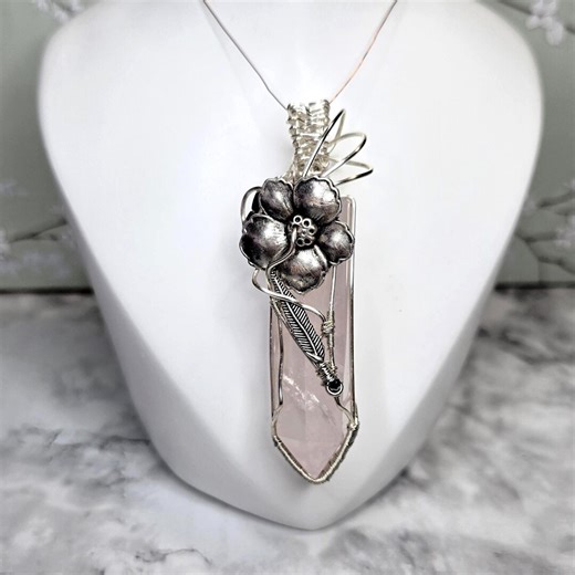 Pink Crystal Pendant – Silver Wire Wrapped, Vintage Flower Button Accent - Etsy