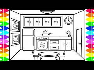 How to Draw a Kitchen Easy for Kids 💜💚💛🍽 Kitchen Drawing and Coloring Pages for Kids