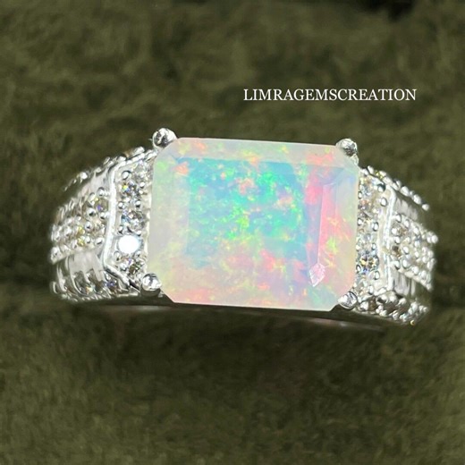 Emerald Cut Fire Opal Men Women Engagement Ring, Nature Inspired Fire White Opal Ring, Women Unique Bridal Wedding Ring, Promise Gift Ring, - Etsy UK