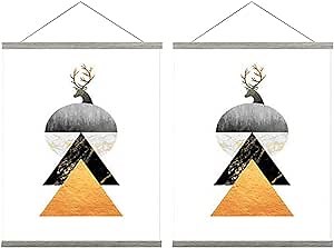 2 Pack Magnetic Poster Hanger Frame, 33x24 33x23 33x47 Light Wood Wooden Magnet Canvas Artwork Print Dowel Poster Hangers Frames Hanging Kit (Grey, 33", 2 Packs)