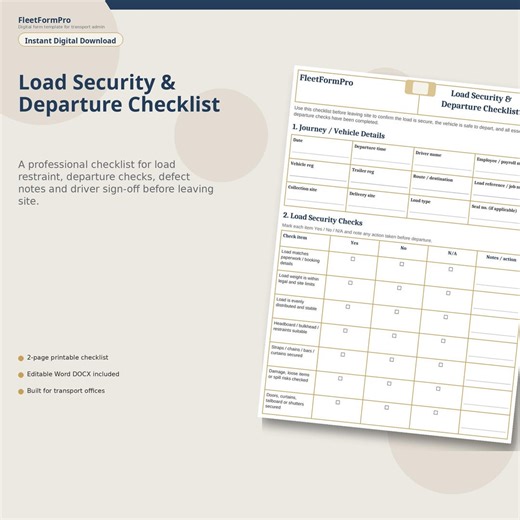Load Security Departure Checklist | Transport Haulage Form (PDF, DOCX) - Etsy