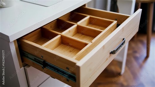 Open wooden drawer with a multi-compartment organizer, ideal for neat home office storage and decluttering solutions