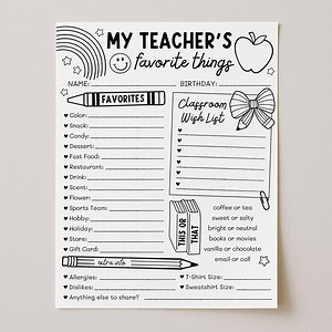 Teacher Favorite Things List, Get to Know Me Teacher Questionnaire Printable, All About My Teacher Classroom Survey, Edit With Canva - Etsy
