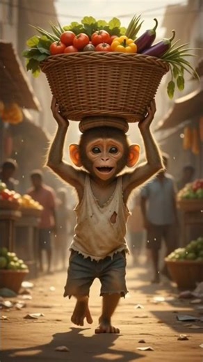 “A poor little monkey sells vegetables #animals #money #tranding #aistory #aishorts #viralvideo