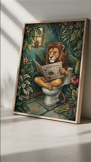 Lion Sitting on Toilet Reading Newspaper - Funny Wall Art