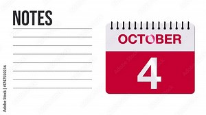 October 4 Calendar Animation with Free Space for Notes and Writing 4K motion graphic element