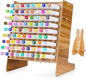 Marbrasse Wooden Marker Holder, Multi-holes Art Supply Organizer, DIY Marker Organizer Caddy, Assemble Easily Pen Storage Organizer for Office & Home Supplies (Cherry Color)