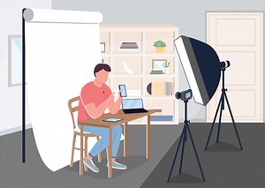 Making devices review flat  illustration filming videos for online video blog blogger with big amount of fans content creating d cartoon characters with studio on background | Premium Vector