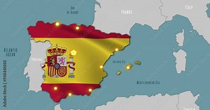 Map of Spain in the colors of national flag. The capital and major cities are marked.