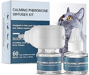 Cat Calming Pheromone Diffuser Kit:1 Diffuser & 2 Refills for 60 Days Use,to Help Reduce Pee, New Zone, Aggression, Fighting with Dogs & Other Behavior